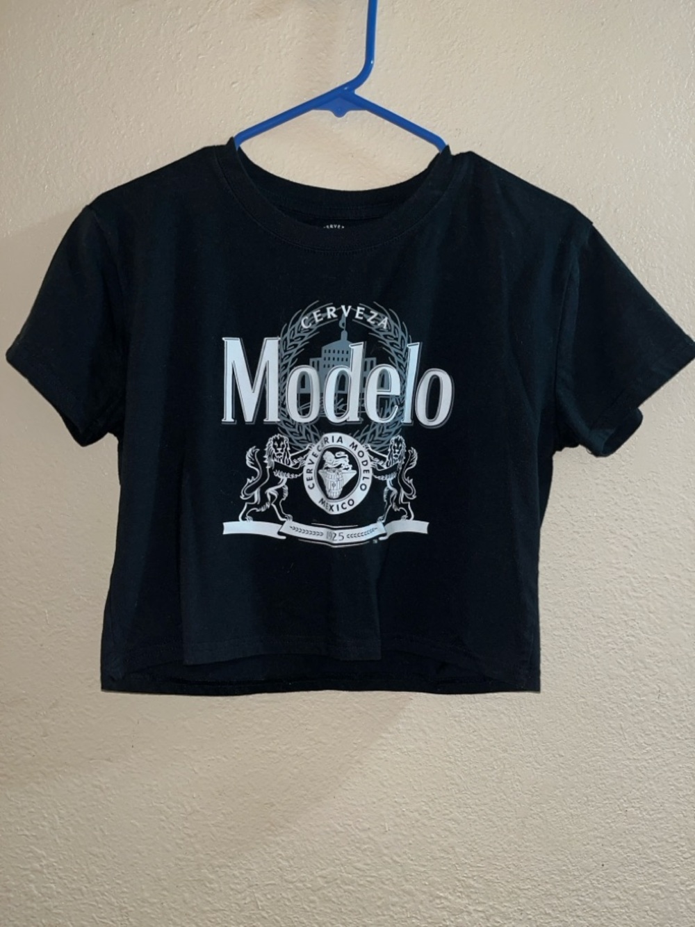 Model Black Graphic Crop Tee with White Logo